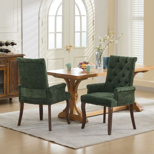 Upholstered Chenille Tufted Dining Chair with Arms – Solid Wood Frame Accent Chair for Dining Room, Kitchen & Living Room