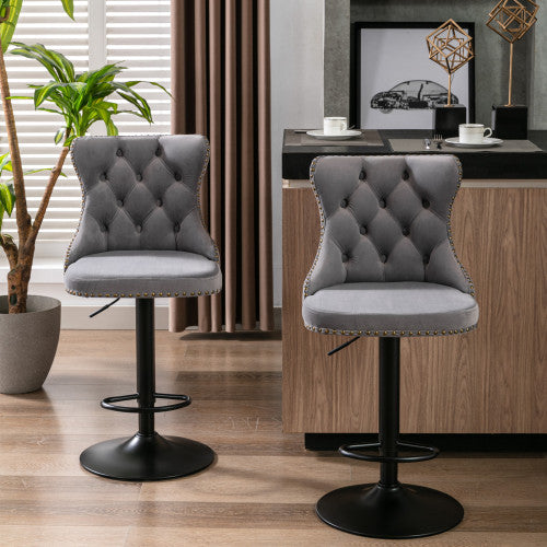 Velvet Bar Stools Set of 2 – Swivel, Adjustable Height – Modern Kitchen Island Chairs