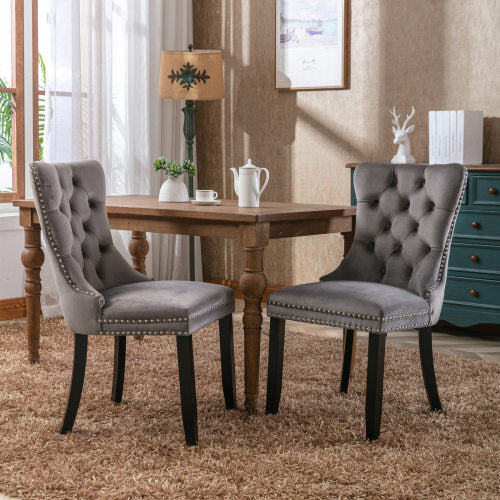 Modern Velvet Upholstered Dining Chairs Set of 2 with Nailhead Trim & Solid Wood Legs