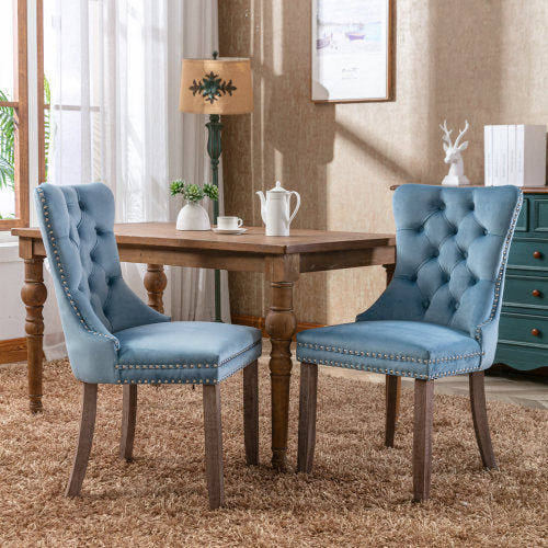 Modern Velvet Upholstered Dining Chairs Set of 2 with Nailhead Trim & Solid Wood Legs