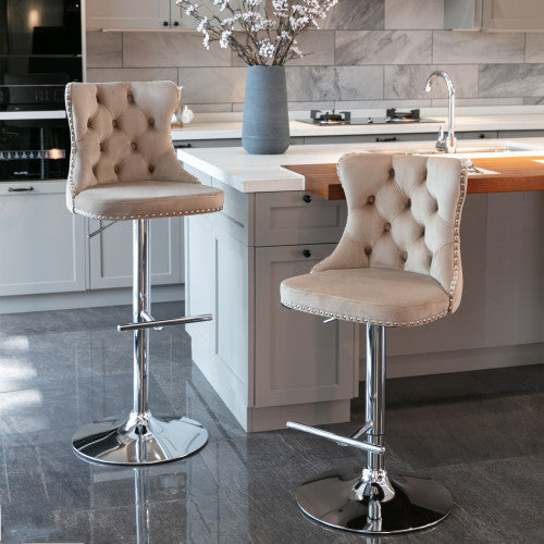 Velvet Bar Stools Set of 2 – Swivel, Adjustable Height – Modern Kitchen Island Chairs