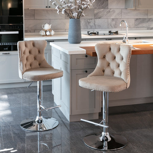 Velvet Bar Stools Set of 2 – Swivel, Adjustable Height – Modern Kitchen Island Chairs