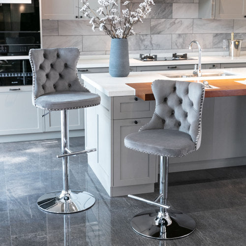 Velvet Bar Stools Set of 2 – Swivel, Adjustable Height – Modern Kitchen Island Chairs