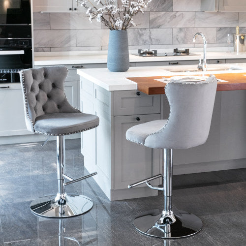 Velvet Bar Stools Set of 2 – Swivel, Adjustable Height – Modern Kitchen Island Chairs