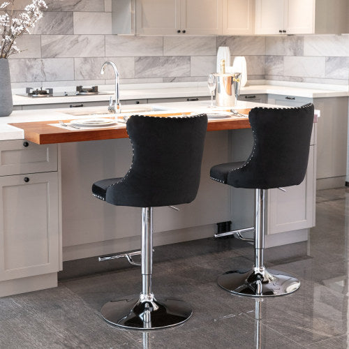 Velvet Bar Stools Set of 2 – Swivel, Adjustable Height – Modern Kitchen Island Chairs