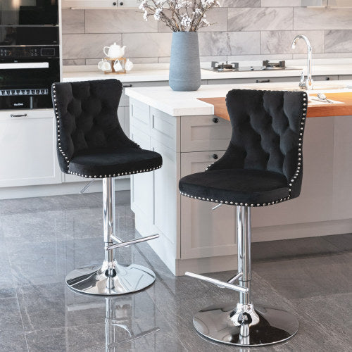 Velvet Bar Stools Set of 2 – Swivel, Adjustable Height – Modern Kitchen Island Chairs