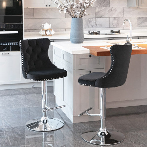 Velvet Bar Stools Set of 2 – Swivel, Adjustable Height – Modern Kitchen Island Chairs
