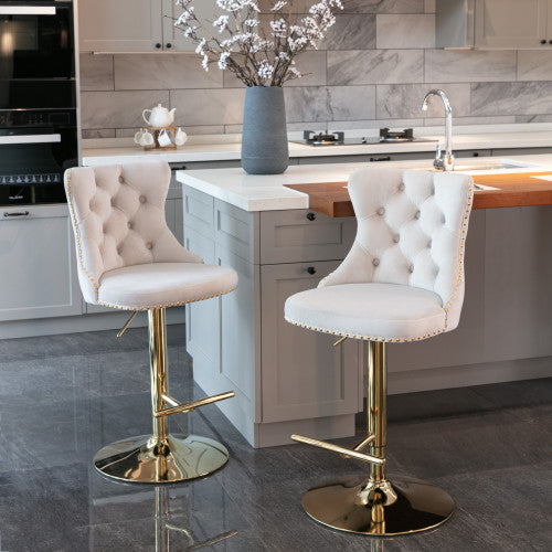 Velvet Bar Stools Set of 2 – Swivel, Adjustable Height – Modern Kitchen Island Chairs