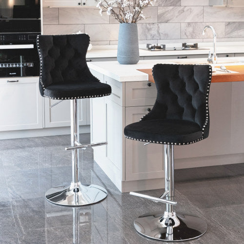 Velvet Bar Stools Set of 2 – Swivel, Adjustable Height – Modern Kitchen Island Chairs