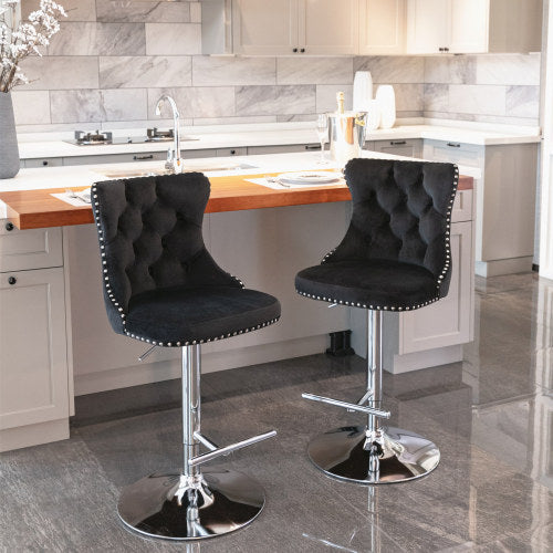 Velvet Bar Stools Set of 2 – Swivel, Adjustable Height – Modern Kitchen Island Chairs
