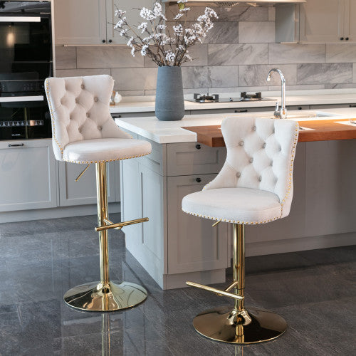 Velvet Bar Stools Set of 2 – Swivel, Adjustable Height – Modern Kitchen Island Chairs