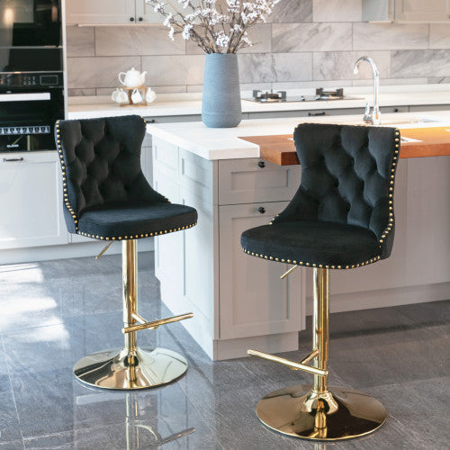 Velvet Bar Stools Set of 2 – Swivel, Adjustable Height – Modern Kitchen Island Chairs