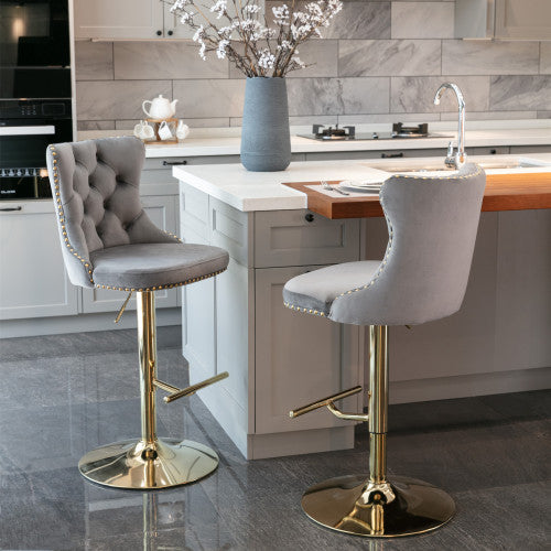 Velvet Bar Stools Set of 2 – Swivel, Adjustable Height – Modern Kitchen Island Chairs