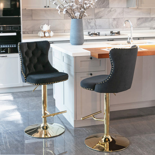 Velvet Bar Stools Set of 2 – Swivel, Adjustable Height – Modern Kitchen Island Chairs