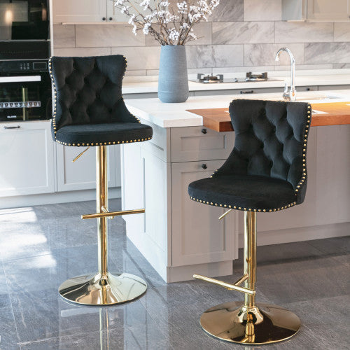 Velvet Bar Stools Set of 2 – Swivel, Adjustable Height – Modern Kitchen Island Chairs