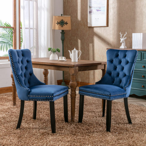 Modern Velvet Upholstered Dining Chairs Set of 2 with Nailhead Trim & Solid Wood Legs