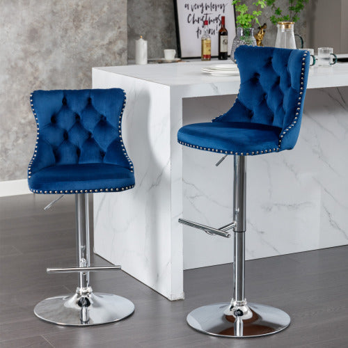 Velvet Bar Stools Set of 2 – Swivel, Adjustable Height – Modern Kitchen Island Chairs