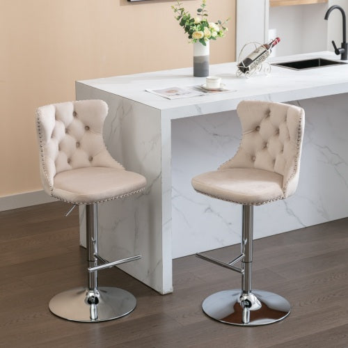 Velvet Bar Stools Set of 2 – Swivel, Adjustable Height – Modern Kitchen Island Chairs
