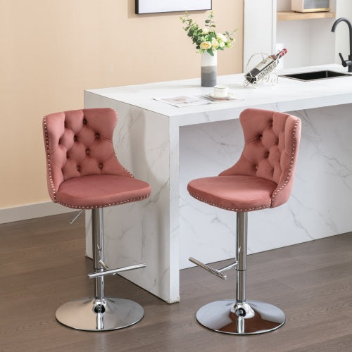 Velvet Bar Stools Set of 2 – Swivel, Adjustable Height – Modern Kitchen Island Chairs