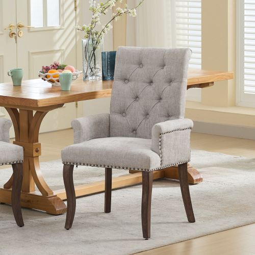 Upholstered Chenille Tufted Dining Chair with Arms – Solid Wood Frame Accent Chair for Dining Room, Kitchen & Living Room