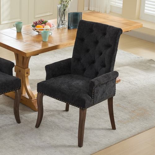 Upholstered Chenille Tufted Dining Chair with Arms – Solid Wood Frame Accent Chair for Dining Room, Kitchen & Living Room