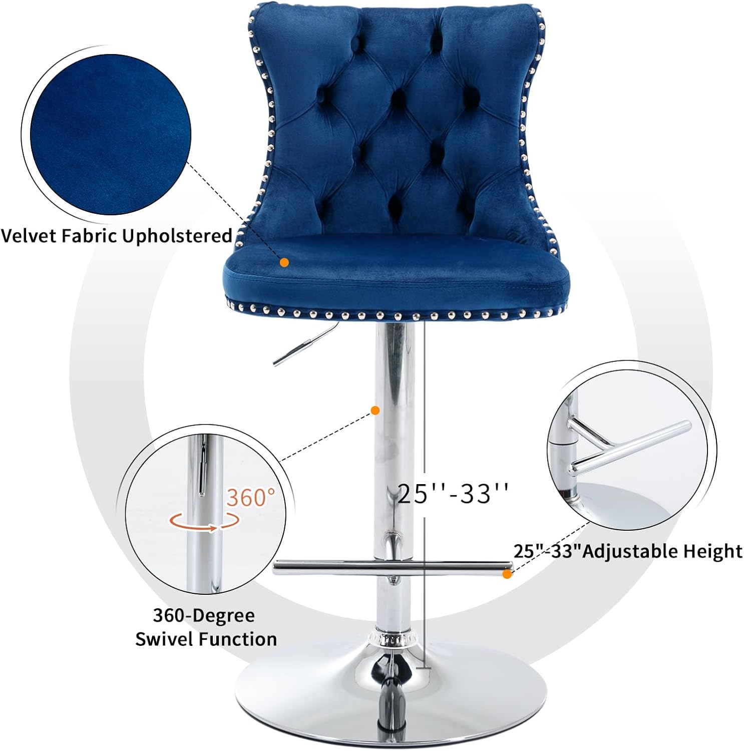 Velvet Bar Stools Set of 2 – Swivel, Adjustable Height – Modern Kitchen Island Chairs