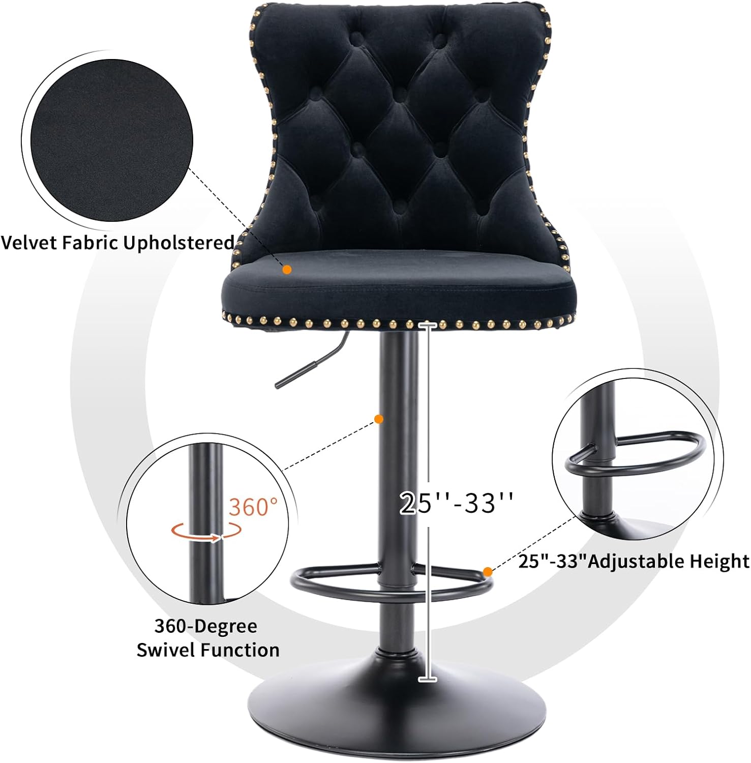 Velvet Bar Stools Set of 2 – Swivel, Adjustable Height – Modern Kitchen Island Chairs