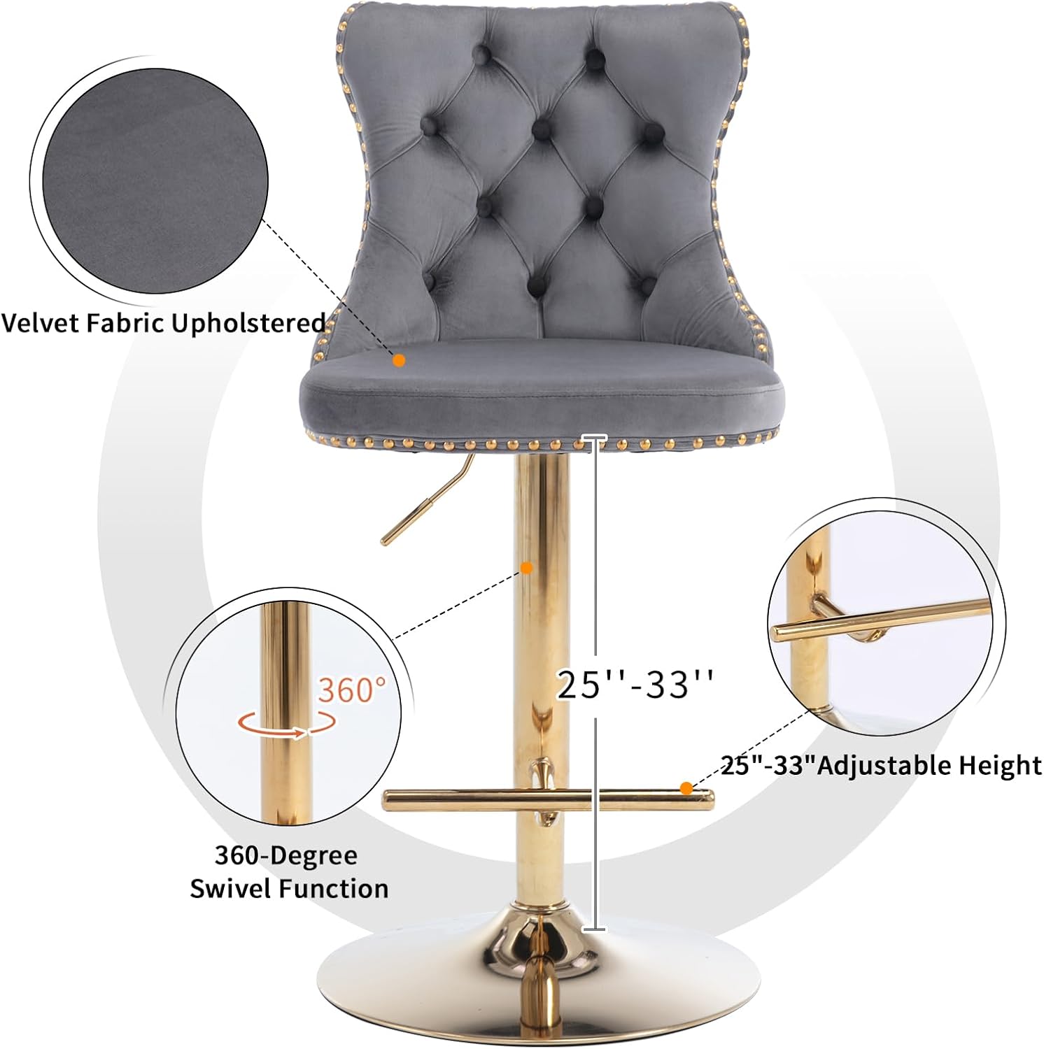 Velvet Bar Stools Set of 2 – Swivel, Adjustable Height – Modern Kitchen Island Chairs