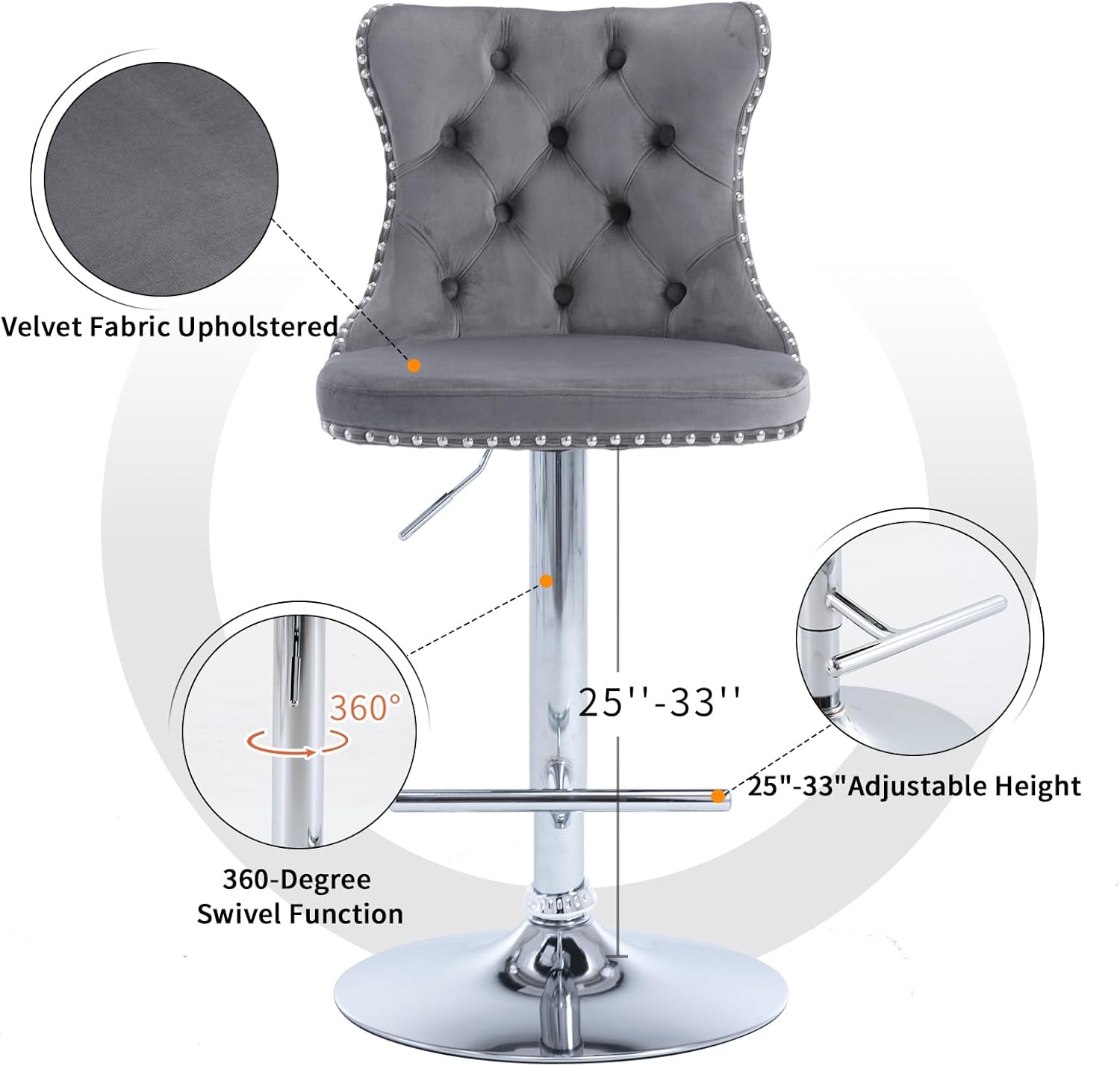 Velvet Bar Stools Set of 2 – Swivel, Adjustable Height – Modern Kitchen Island Chairs