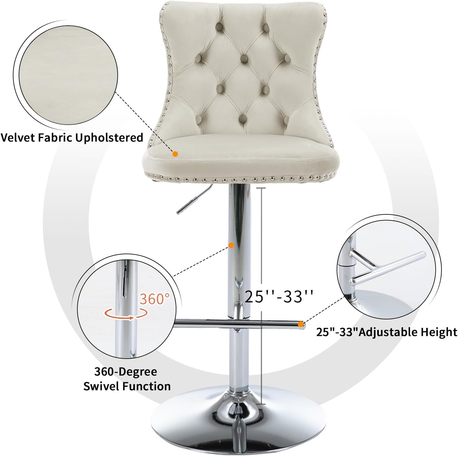 Velvet Bar Stools Set of 2 – Swivel, Adjustable Height – Modern Kitchen Island Chairs