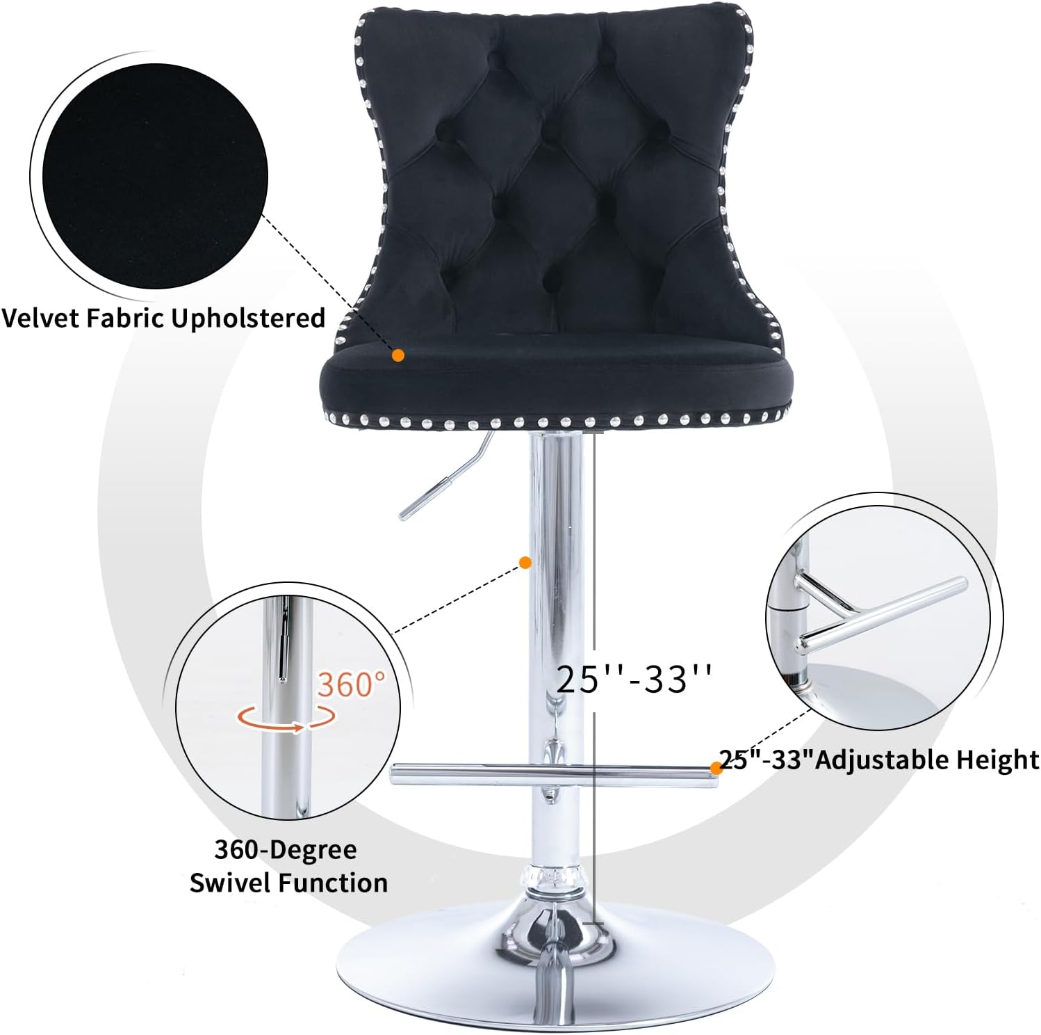 Velvet Bar Stools Set of 2 – Swivel, Adjustable Height – Modern Kitchen Island Chairs