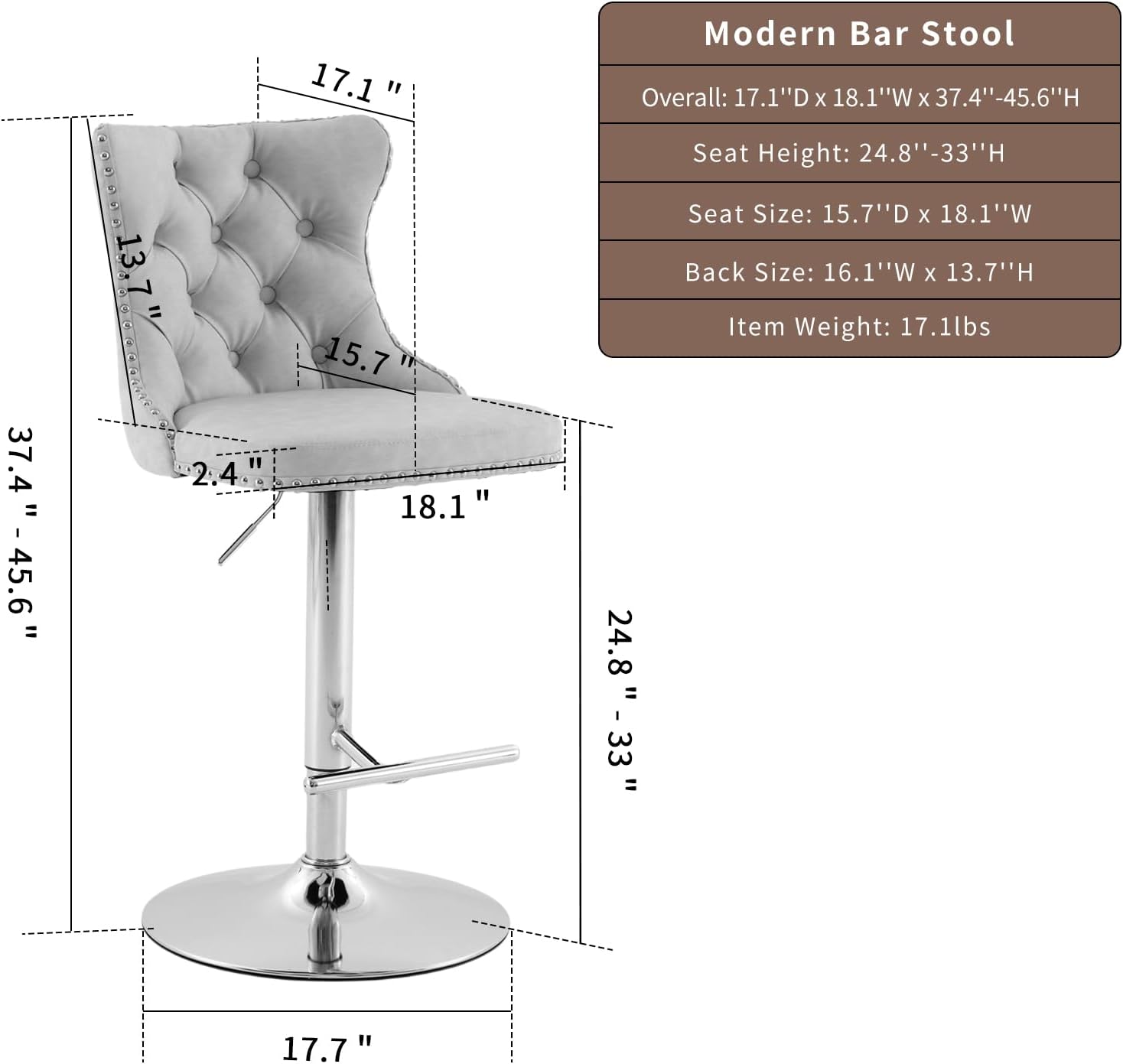 Velvet Bar Stools Set of 2 – Swivel, Adjustable Height – Modern Kitchen Island Chairs