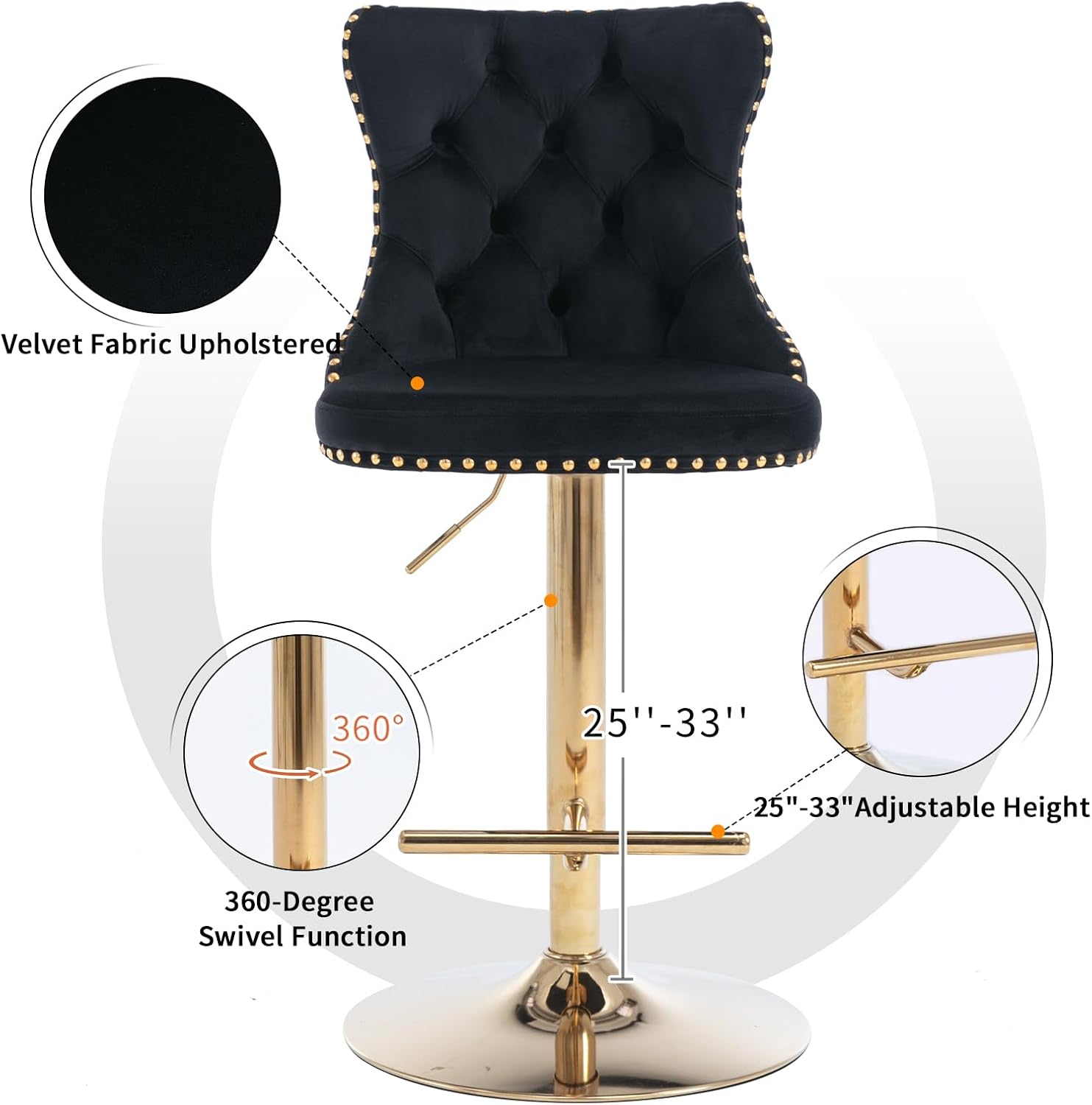 Velvet Bar Stools Set of 2 – Swivel, Adjustable Height – Modern Kitchen Island Chairs