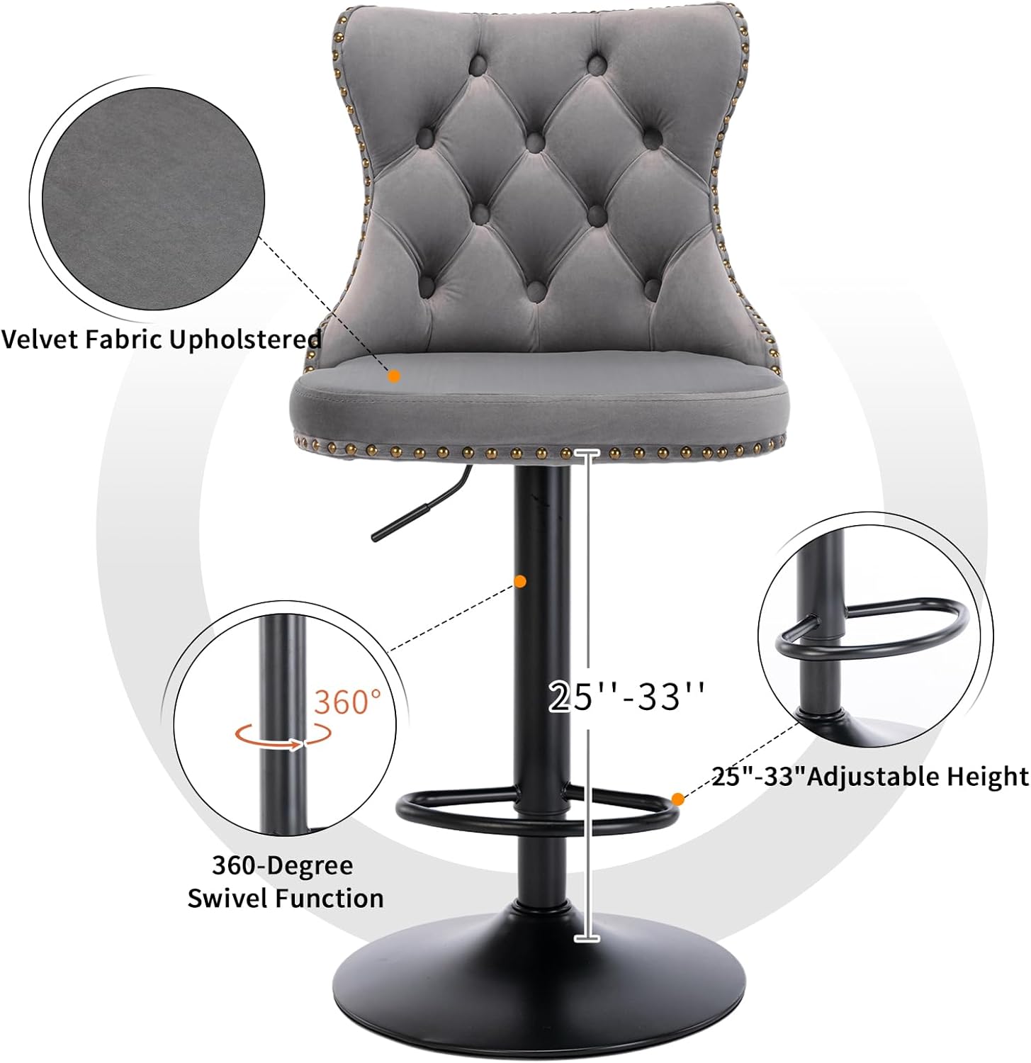 Velvet Bar Stools Set of 2 – Swivel, Adjustable Height – Modern Kitchen Island Chairs