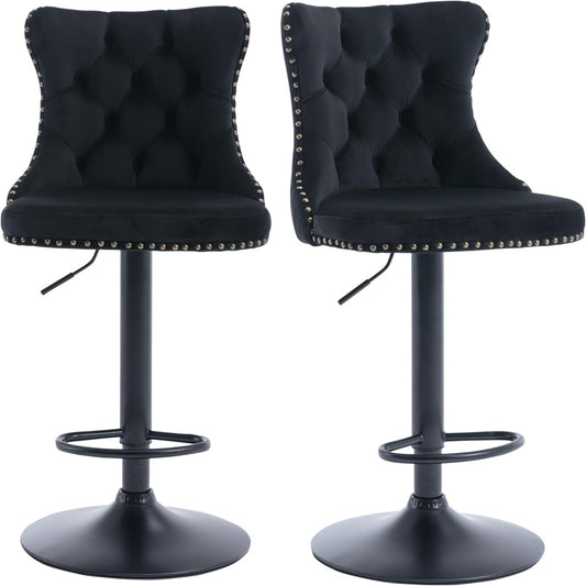 Velvet Bar Stools Set of 2 – Swivel, Adjustable Height – Modern Kitchen Island Chairs
