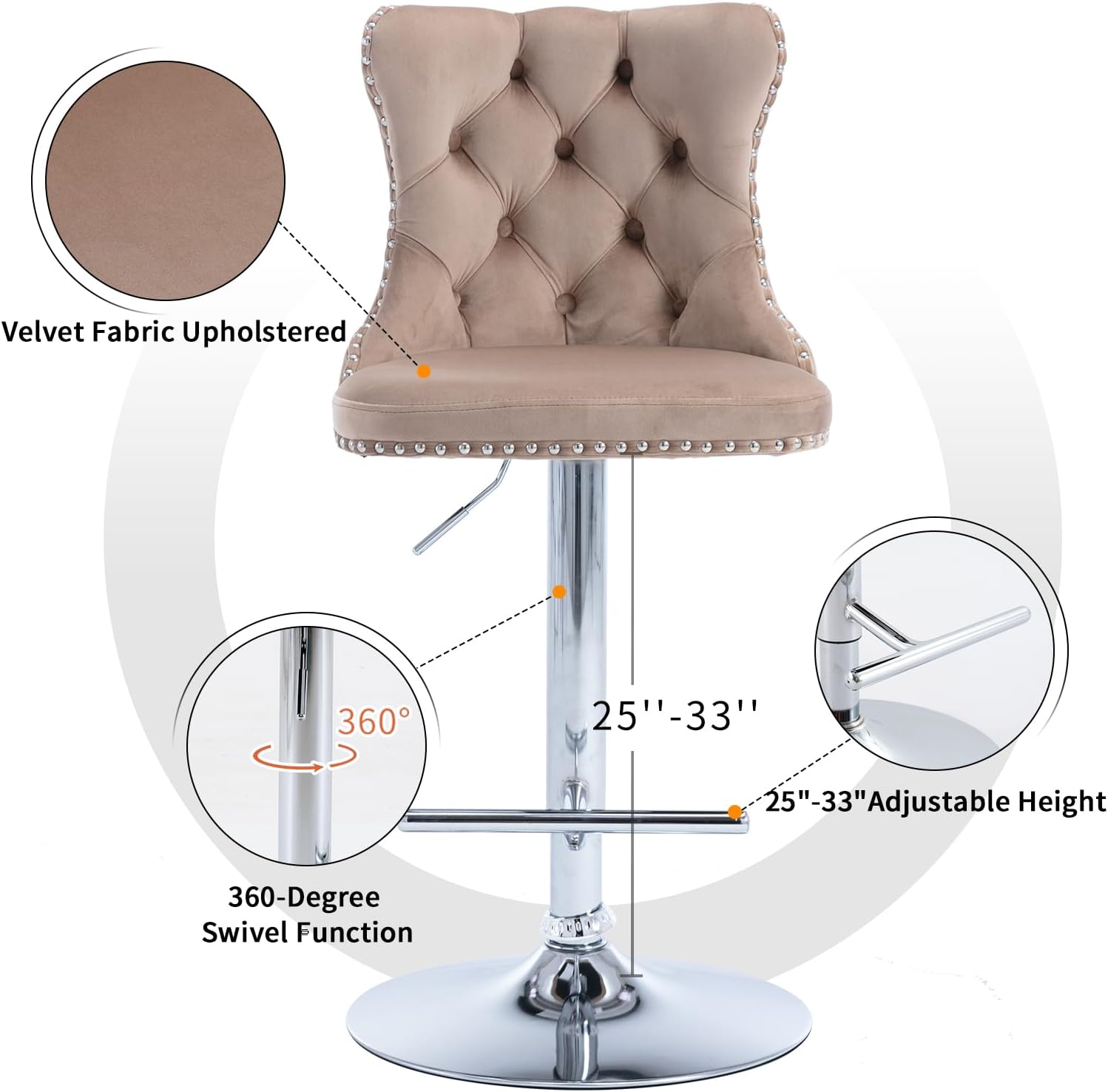 Velvet Bar Stools Set of 2 – Swivel, Adjustable Height – Modern Kitchen Island Chairs