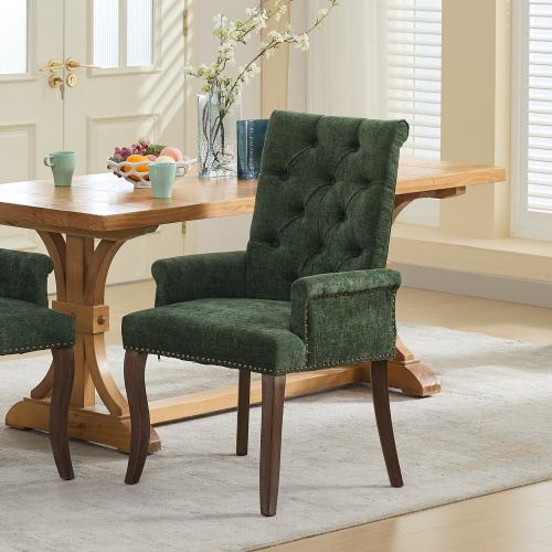 Upholstered Chenille Tufted Dining Chair with Arms – Solid Wood Frame Accent Chair for Dining Room, Kitchen & Living Room