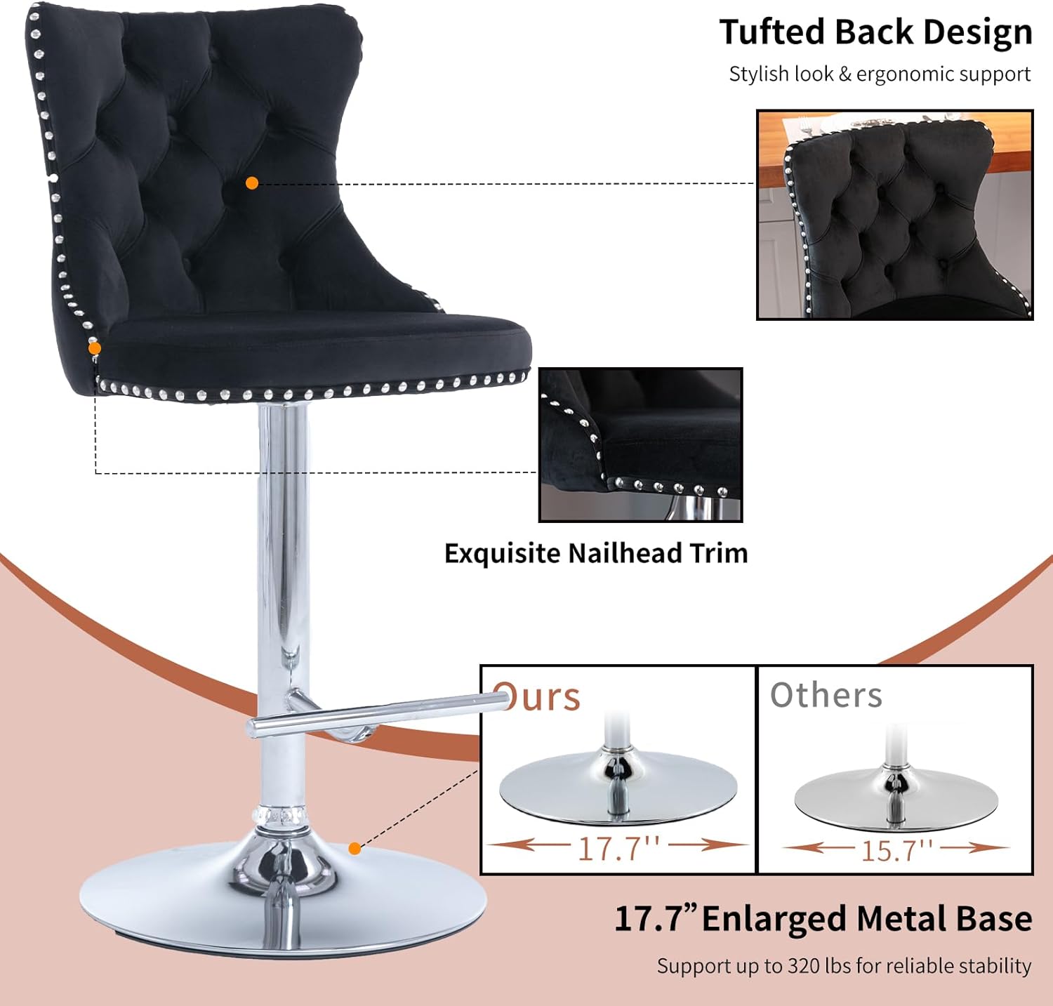 Velvet Bar Stools Set of 2 – Swivel, Adjustable Height – Modern Kitchen Island Chairs