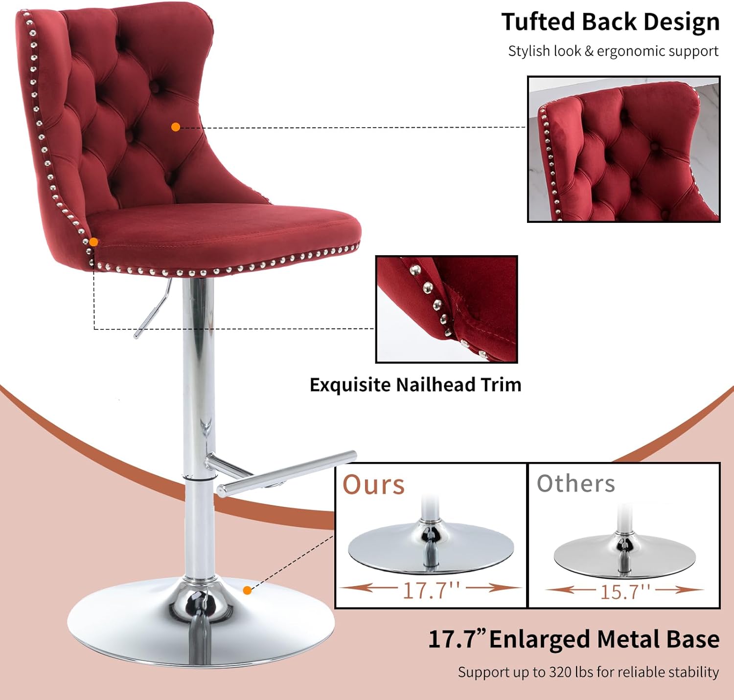 Velvet Bar Stools Set of 2 – Swivel, Adjustable Height – Modern Kitchen Island Chairs