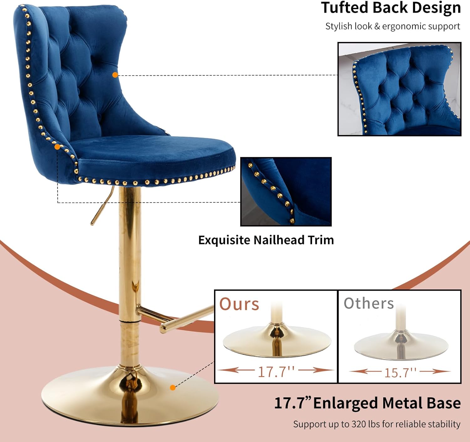 Velvet Bar Stools Set of 2 – Swivel, Adjustable Height – Modern Kitchen Island Chairs