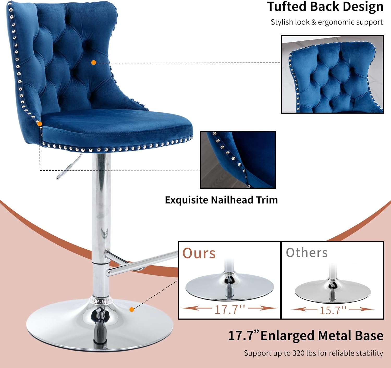 Velvet Bar Stools Set of 2 – Swivel, Adjustable Height – Modern Kitchen Island Chairs