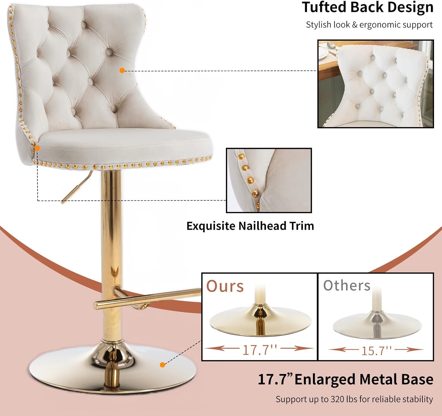 Velvet Bar Stools Set of 2 – Swivel, Adjustable Height – Modern Kitchen Island Chairs