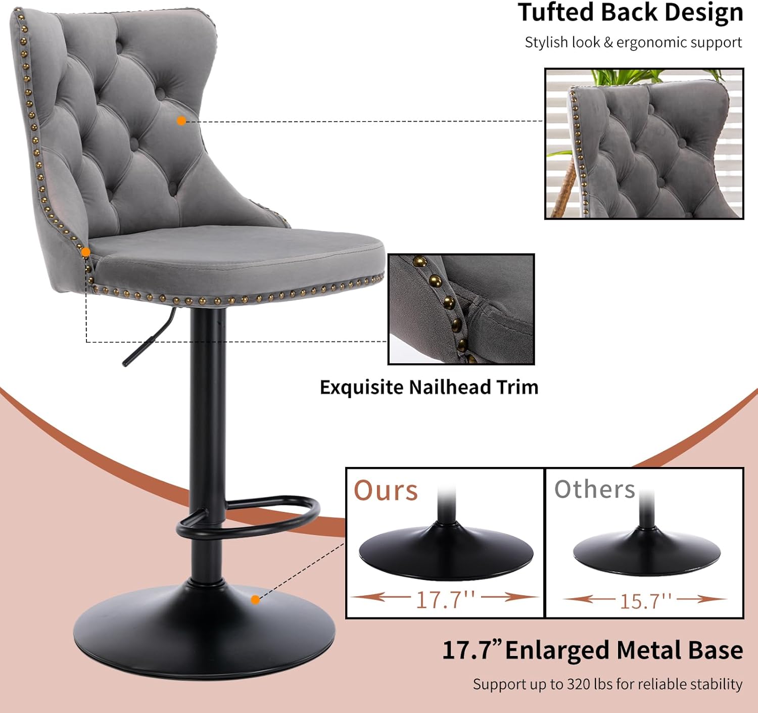 Velvet Bar Stools Set of 2 – Swivel, Adjustable Height – Modern Kitchen Island Chairs