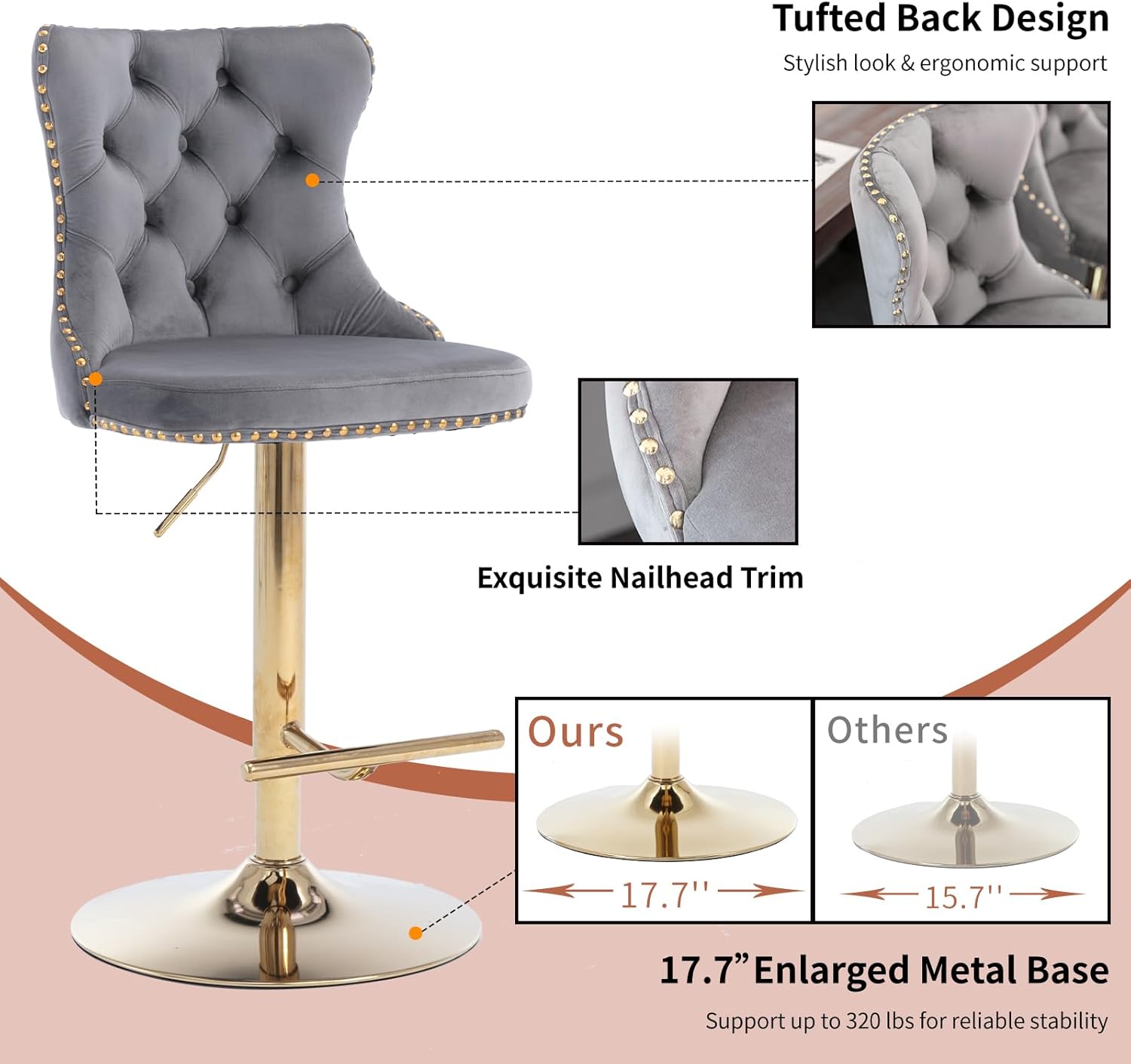 Velvet Bar Stools Set of 2 – Swivel, Adjustable Height – Modern Kitchen Island Chairs