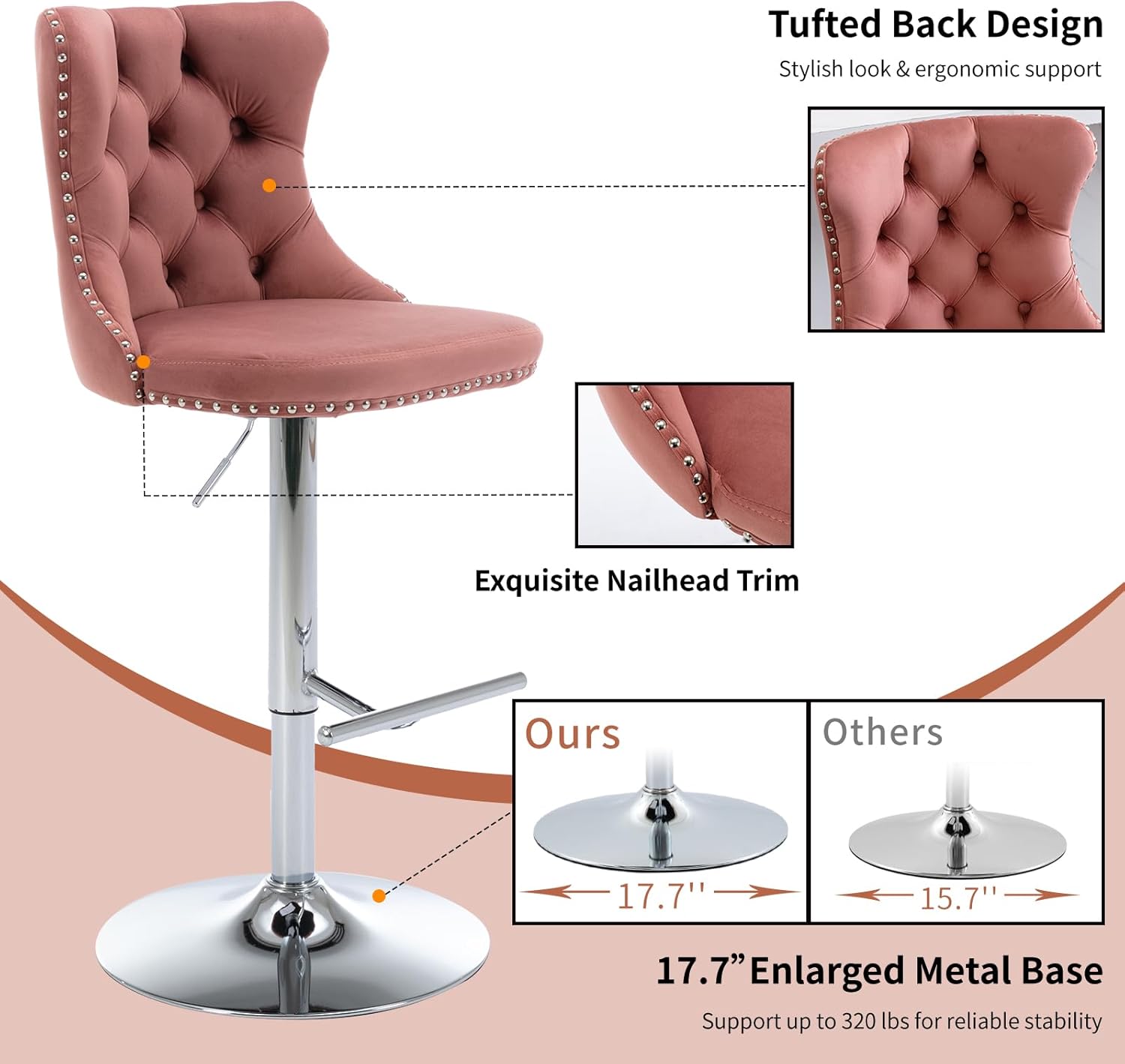 Velvet Bar Stools Set of 2 – Swivel, Adjustable Height – Modern Kitchen Island Chairs