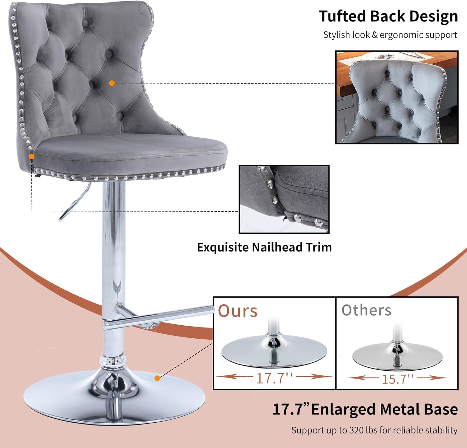 Velvet Bar Stools Set of 2 – Swivel, Adjustable Height – Modern Kitchen Island Chairs