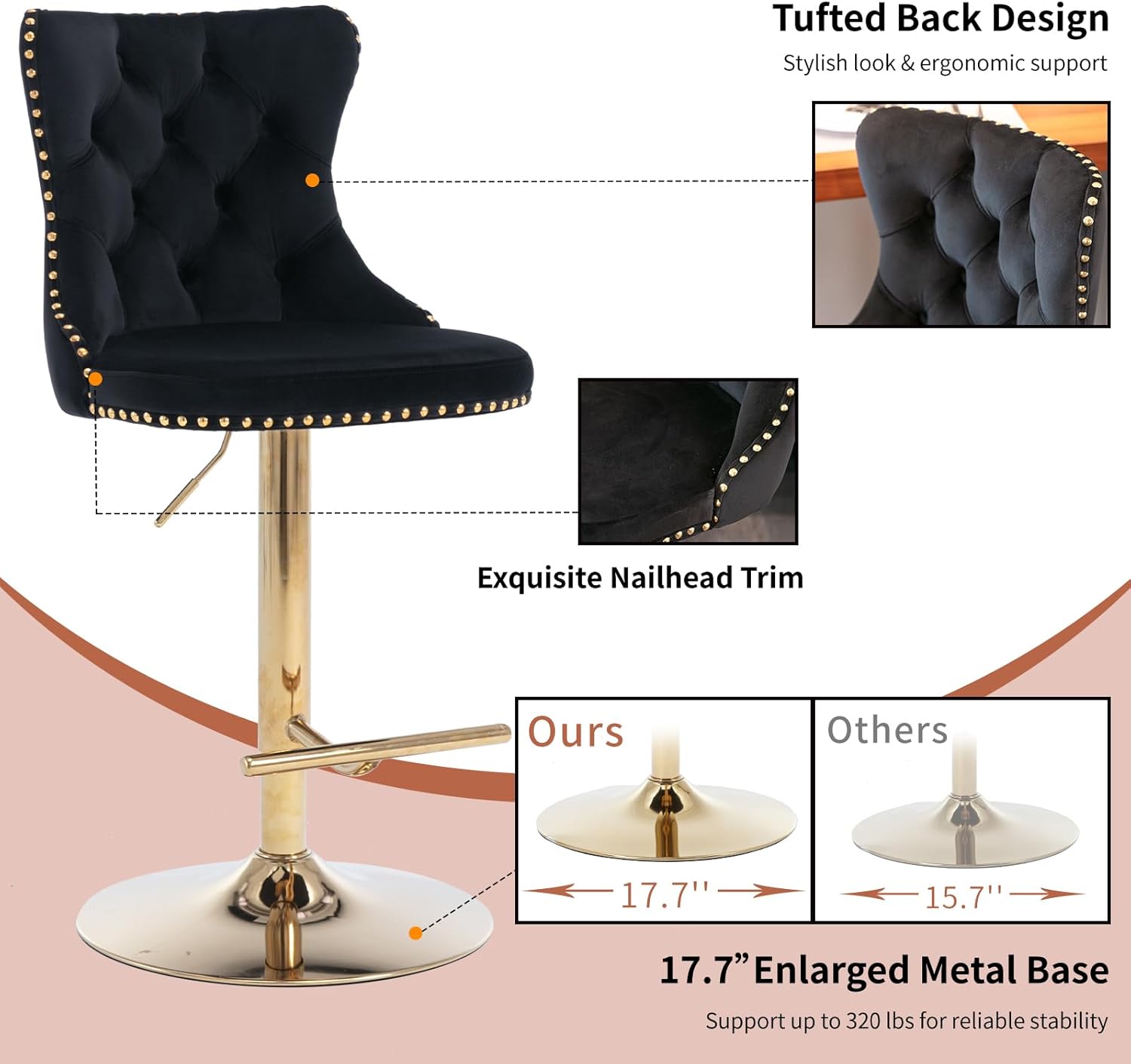 Velvet Bar Stools Set of 2 – Swivel, Adjustable Height – Modern Kitchen Island Chairs