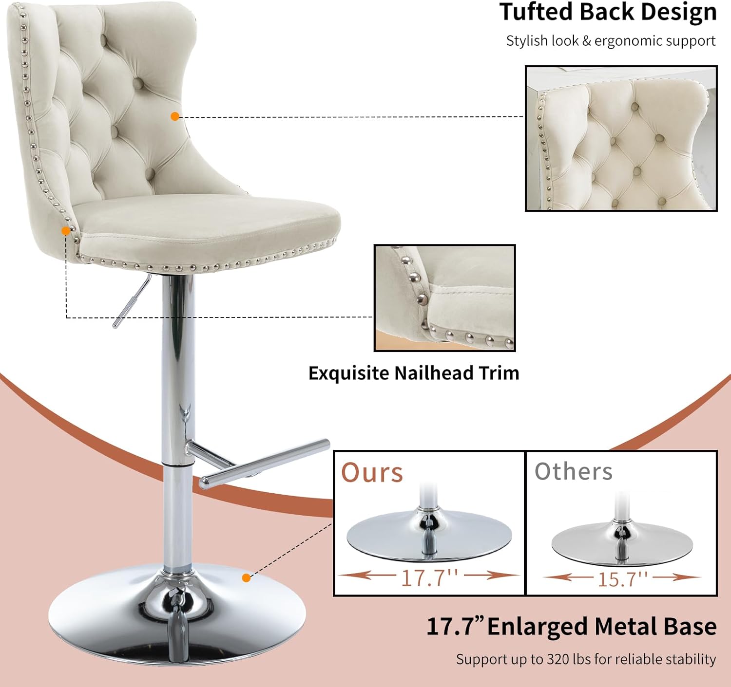 Velvet Bar Stools Set of 2 – Swivel, Adjustable Height – Modern Kitchen Island Chairs