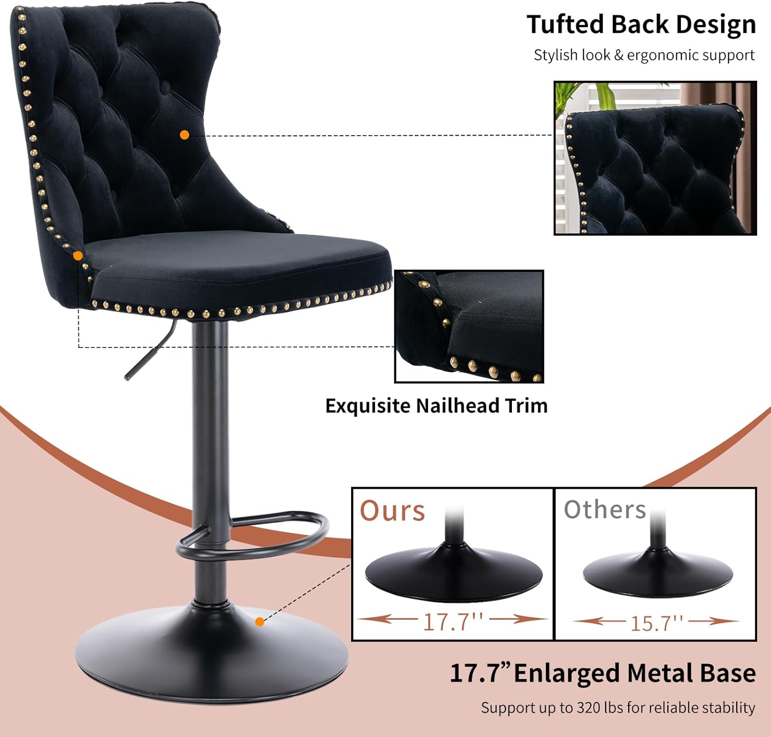 Velvet Bar Stools Set of 2 – Swivel, Adjustable Height – Modern Kitchen Island Chairs