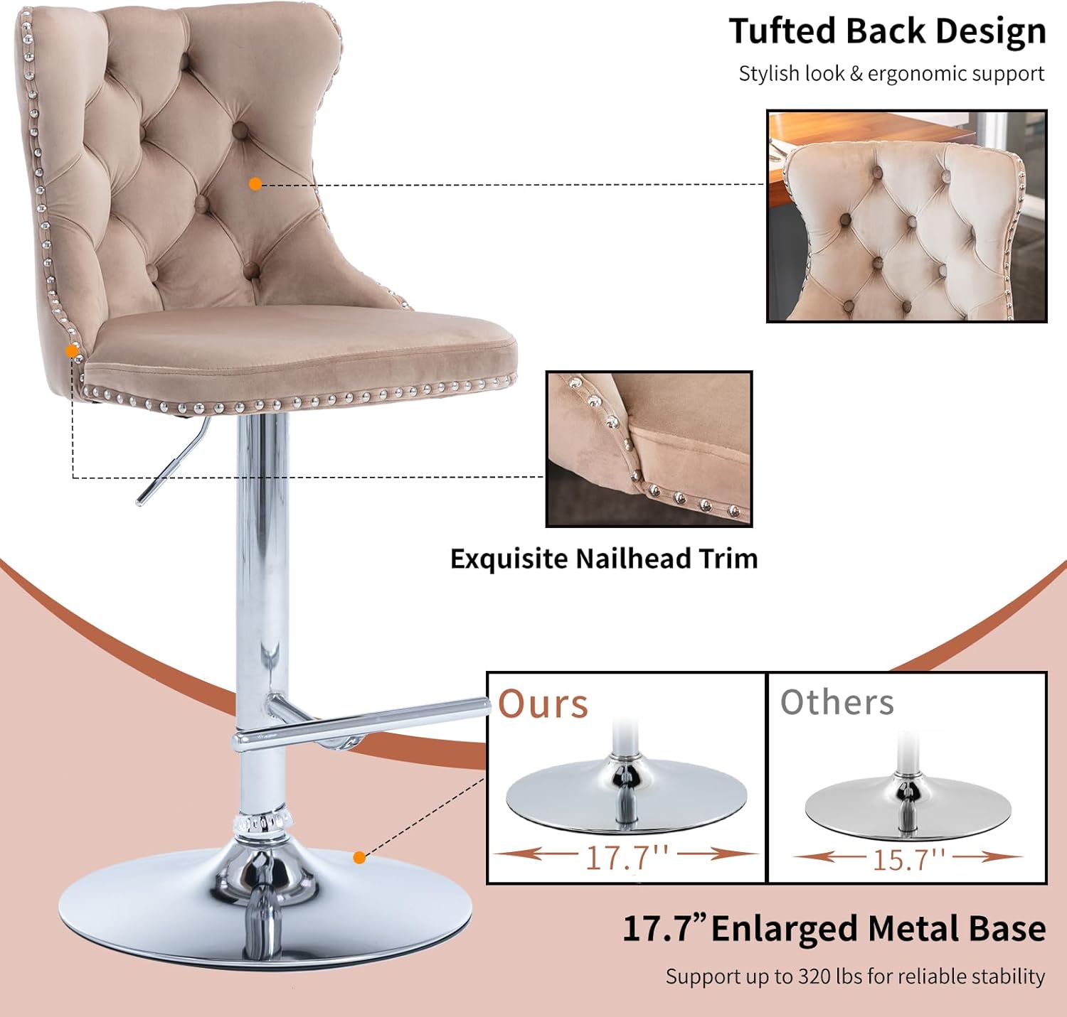 Velvet Bar Stools Set of 2 – Swivel, Adjustable Height – Modern Kitchen Island Chairs